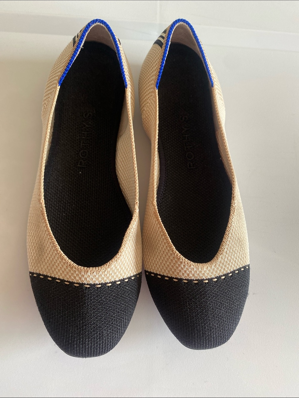 ROTHY’S  Beige and Black Knit Ballet Flats with Blue Trim